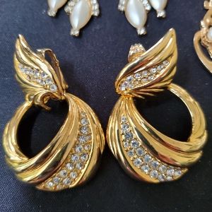 EARRINGS Three Pairs- Rhinestones, Pearls and Stones. Clip On - various designs.